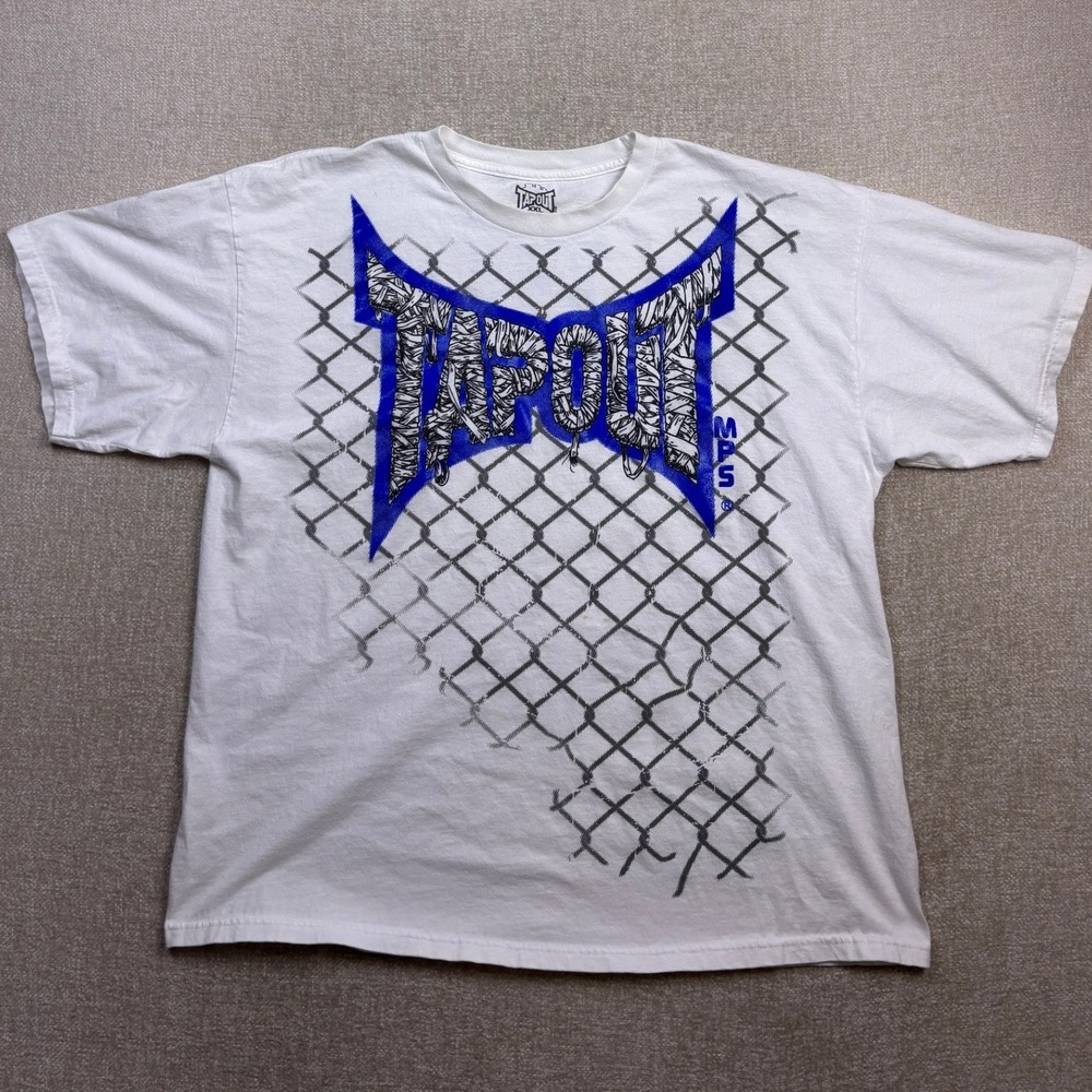 Tapout MMA Graphic T-Shirt Mens XXL White Blue Chain Link Fence Logo 100% Cotton